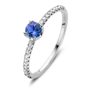 Ring 18krt witgoud briljant + saffier